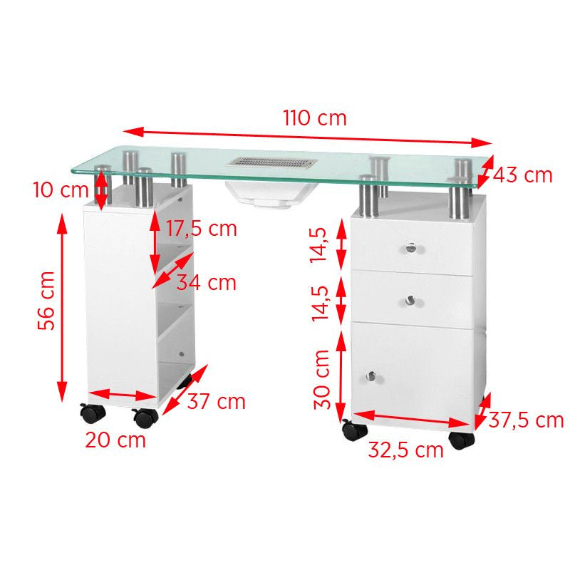 Kynsipöytä GLAS 013B, imulaitteella, valkoinen